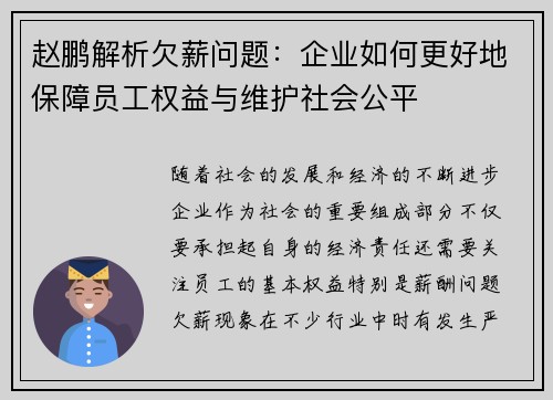 赵鹏解析欠薪问题：企业如何更好地保障员工权益与维护社会公平